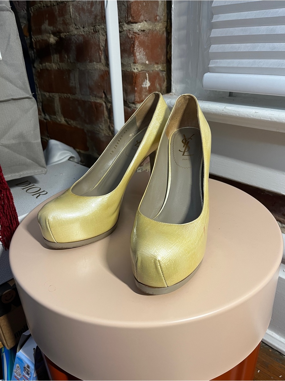 Vintage YSL Yves Saint Laurent Yellow Leather Tribtoo Platform Pumps